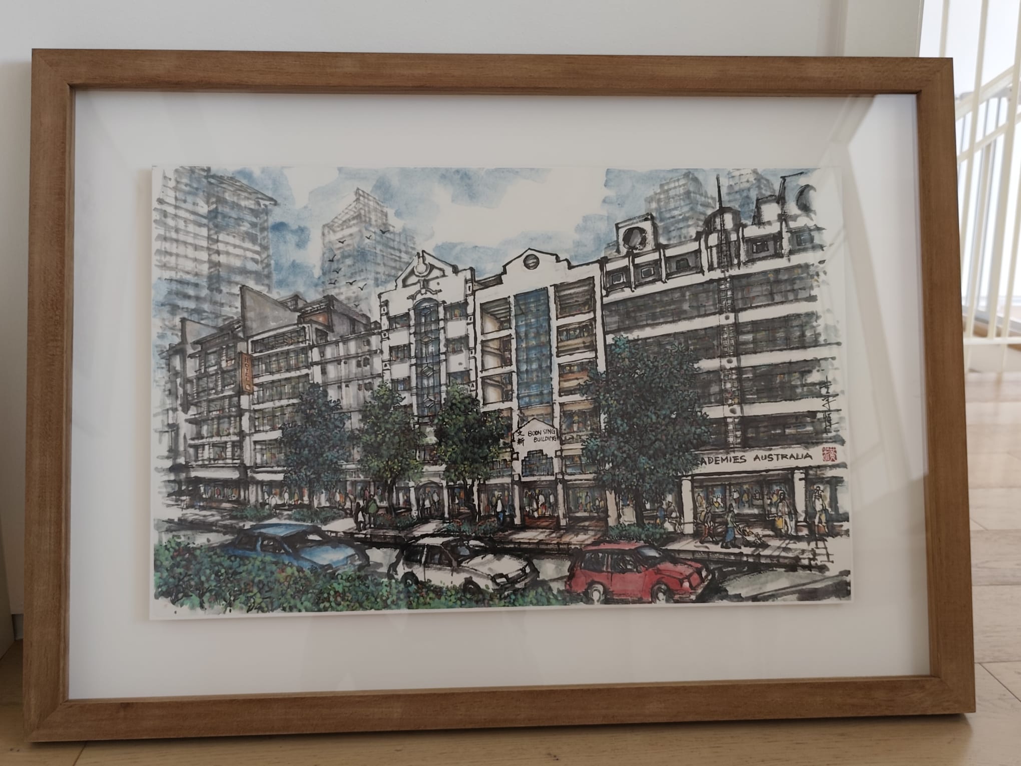 Boon Sing Building streetscape with surrounding shophouses, painted by Wong Yee Heng